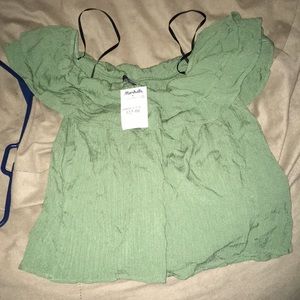 Army green crop top with ruffles no shoulders NWT